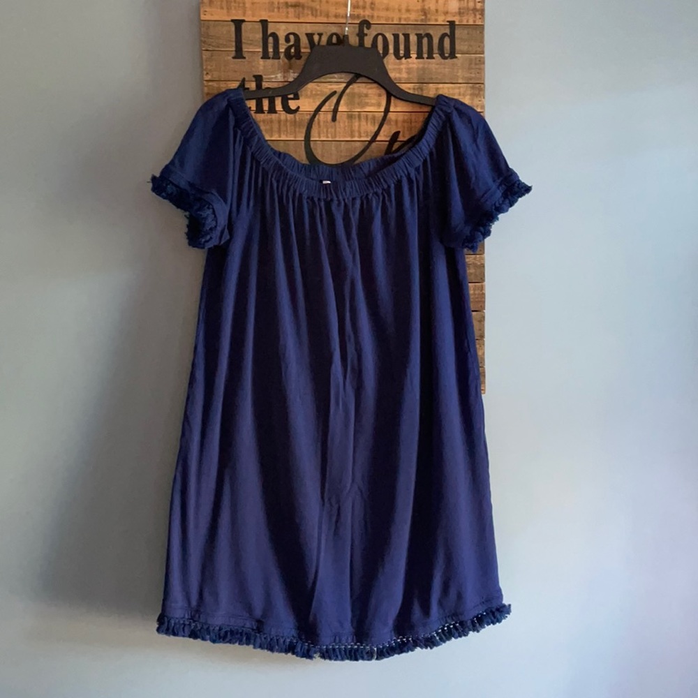 Michael Kors sapphire blue tassel mini shift dress short sleeve scoop neck L